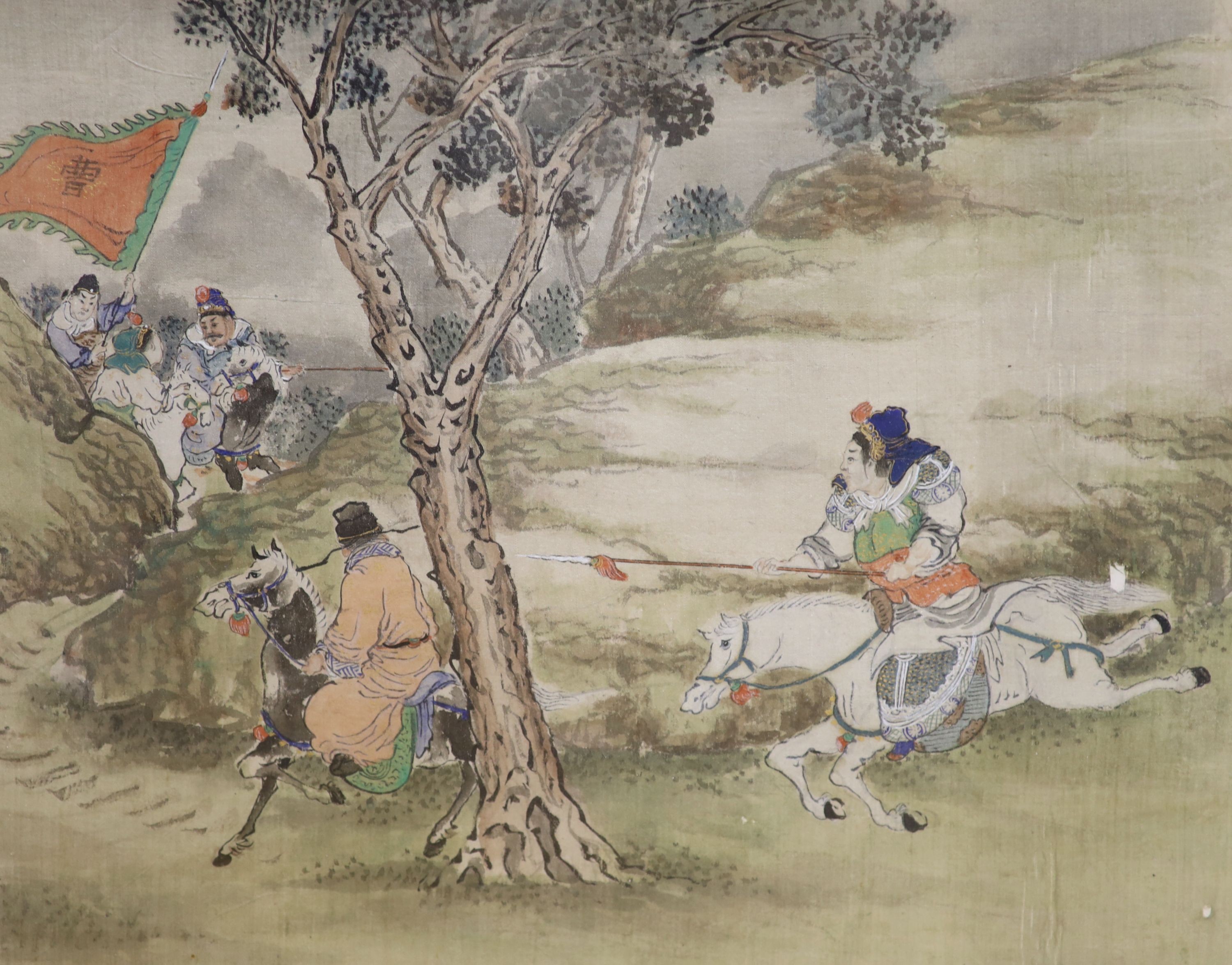 Japanese School, watercolour on silk, soldiers on horseback, 27 x 34cm.